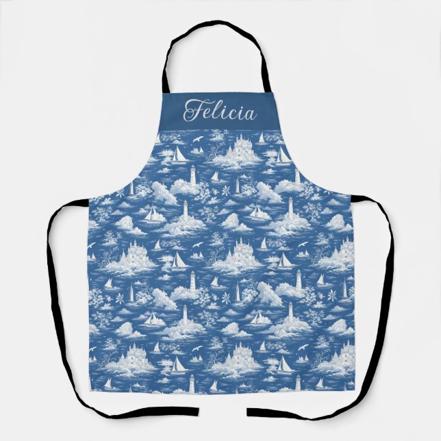 Blaue nautische Toile de Jouy Schürze (Vorderseite)