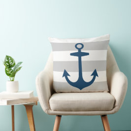 Blaue Navy-Anker mit grauen Streifen Kissen