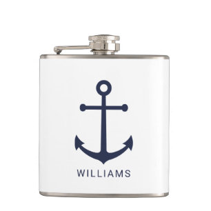 Blaue Navy-Anker mit Individuelle Name Flachmann