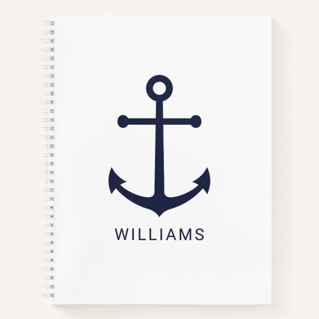 Blaue Navy-Anker und Individuelle Name auf Weiß Notizbuch (Vorderseite)