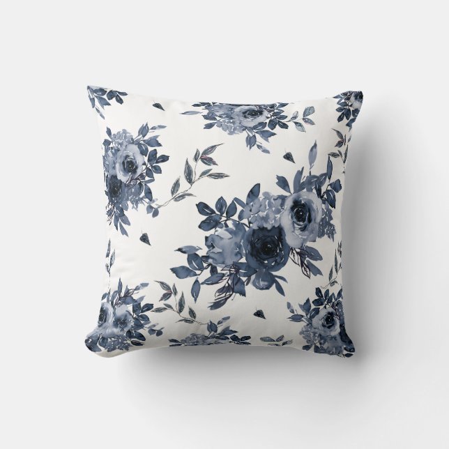 Blaue Navy Blumen auf Weiß Kissen (Vorderseite)