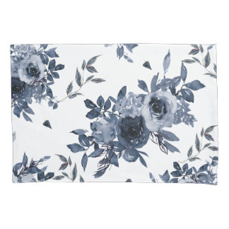 Blaue Navy Blumen auf Weiß Kissenbezug