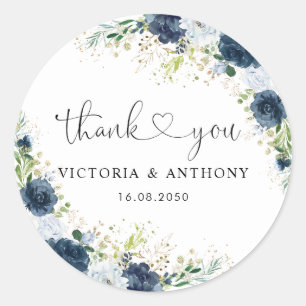 Blaue Navy-Blumen-Hochzeit Klassischer Runder Aufk Aufkleber