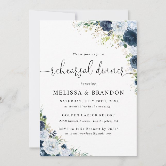 Blaue Navy-Blumen-Hochzeitsprobe-Dinner  Einladung (Vorderseite)