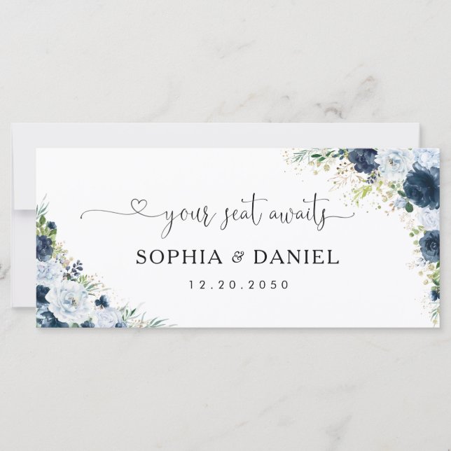 Blaue Navy-Blumen-Hochzeitstisch-Schild (Vorderseite)