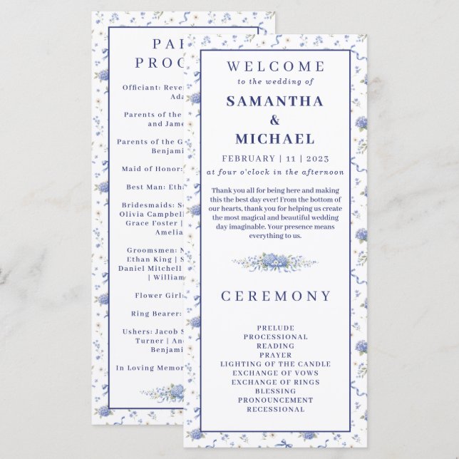 Blaue Navy-Blumen Kleines Blumenhochzeitsprogramm Menükarte (Vorne/Hinten)