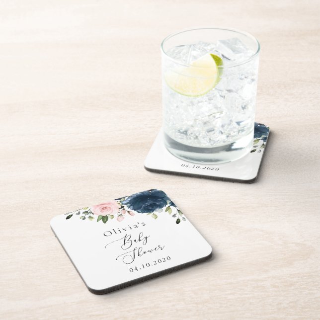 Blaue Navy Blumen, rosa Blume, Babydusche Getränkeuntersetzer (Rechte Seite)