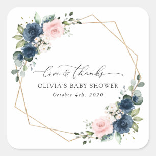 Blaue Navy Blumen, rosa Blume, Babydusche Quadratischer Aufkleber