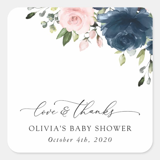 Blaue Navy Blumen, rosa Blume, Babydusche Quadratischer Aufkleber (Vorderseite)