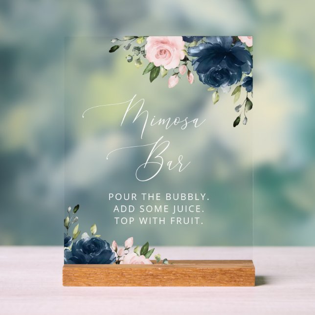 Blaue Navy Blumen, rosa Blume, Boho, Mimosa Bar Acrylschild (Neutral)