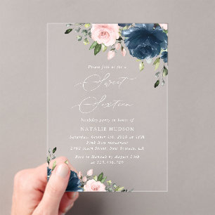 Blaue Navy Blumen, rosa Blume, Boho, Sweet 16 Acryleinladungen