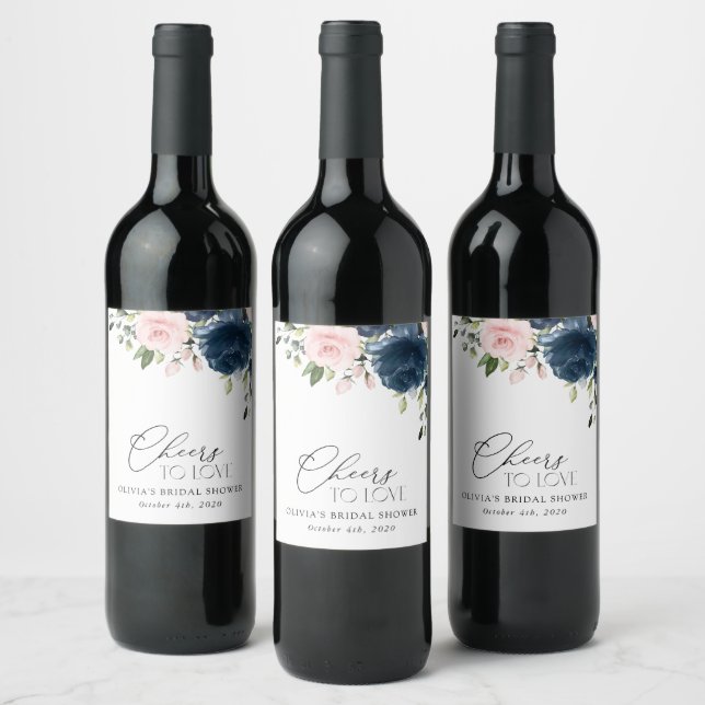 Blaue Navy Blumen, rosa Blume, Brautparty Weinetikett (Flaschen)