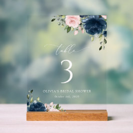 Blaue Navy Blumen, rosa Blume, Tischnummern Acrylschild