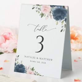 Blaue Navy Blumen, rosa Blume, Tischnummern Tischaufsteller