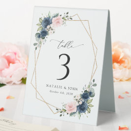 Blaue Navy Blumen, rosa Blume, Tischnummern Tischaufsteller