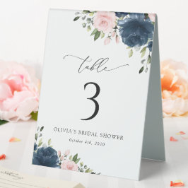 Blaue Navy Blumen, rosa Blume, Tischnummern Tischaufsteller