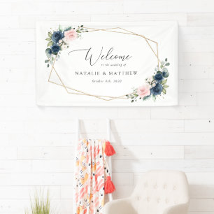 Blaue Navy-Blumen, rosa Blumen, Hochzeitsbegrüßung Banner