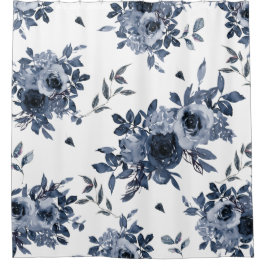 Blaue Navy-Blüten auf Weiß Duschvorhang