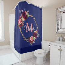 Blaue Navy Florals, goldene geometrische Monogramm
