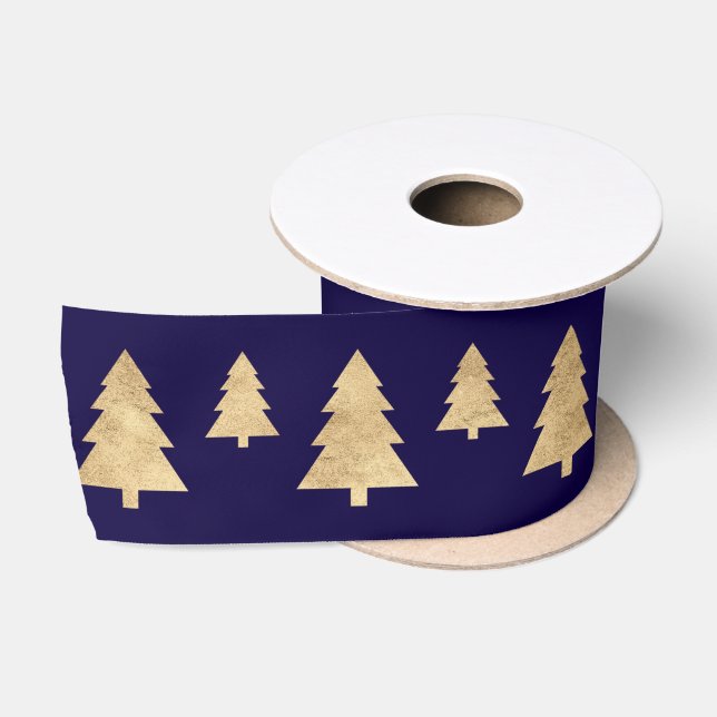 Blaue Navy Golden Christmas Tree Urlaub Satinband (Spule)