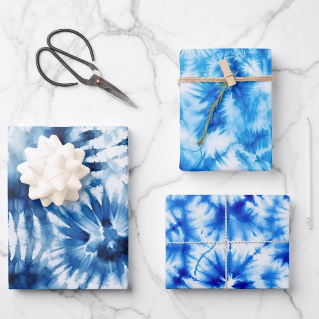 Blaue Navy White Strip Gefärbte Krawatte Geschenkpapier Set (Vorderseite)