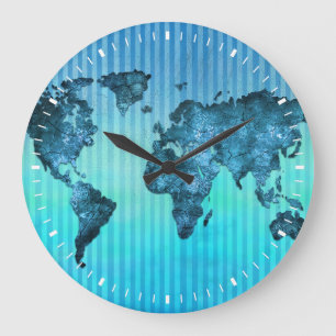 Blaue Neonstreifen der Weltkarte- Große Wanduhr