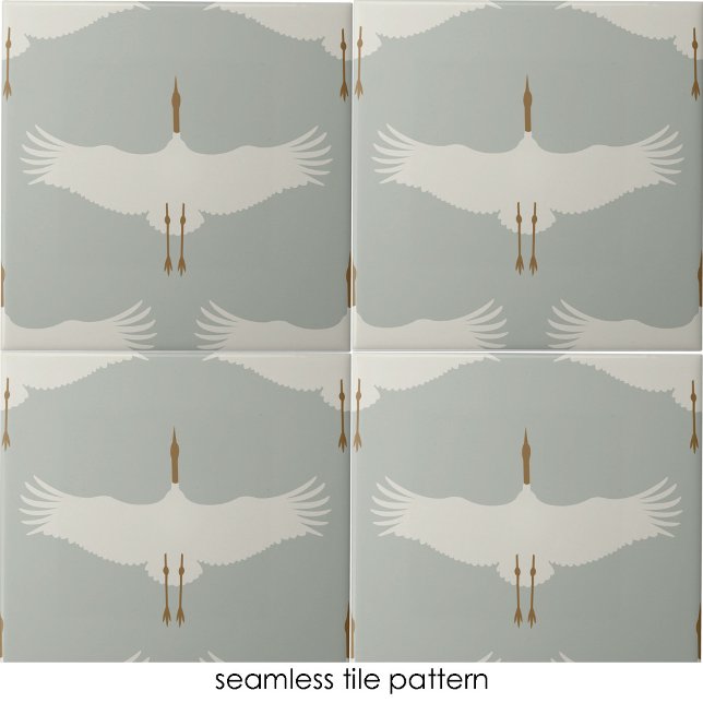 Blaue, neutrale Vogelkrane Art-Déco-Muster Fliese (Dusty Blue Neutral Birds Cranes Art Deco Pattern Ceramic Tile)