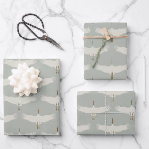 Blaue, neutrale Vogelkrane Art-Déco-Muster Geschenkpapier Set