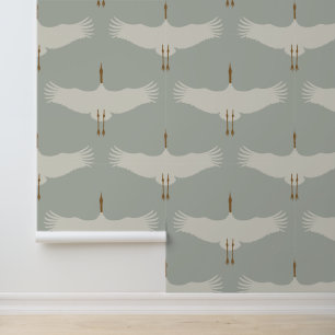 Blaue, neutrale Vogelkrane Art-Déco-Muster Tapete