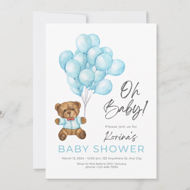 BLAUE NIEDLICH OH BABY TEDDY BAR AND BALLOONS EINLADUNG (Vorderseite)