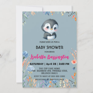 Blaue Niedliche Pinguine süße Blume Babydusche Kin Einladung