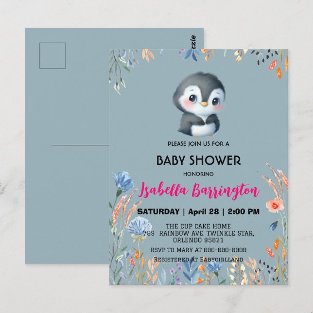 Blaue Niedliche Pinguine süße Blume Babydusche Kin Postkarte (Vorne/Hinten)
