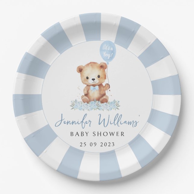 Blaue niedliche Teddybär Ballon Babydusche Pappteller (Vorderseite)
