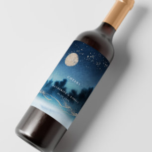 Blaue Night Landschaft Hochzeitweiliges Weinlabel  Weinetikett