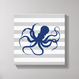 Blaue Octopus Grau-weiße Streifen Leinwanddruck