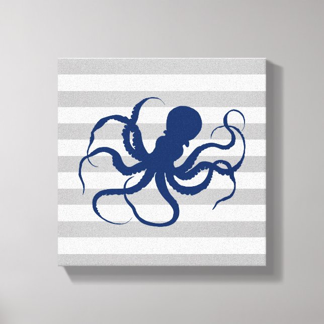 Blaue Octopus Grau-weiße Streifen Leinwanddruck (Vorderseite)