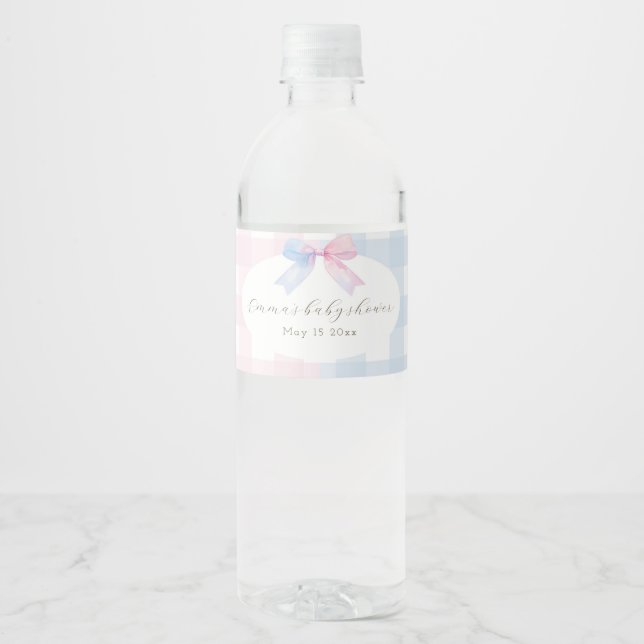 Blaue oder rosa Gingham Bow Genewater Flasche Labe (Vorderseite)