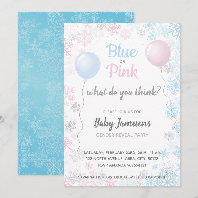 Blaue oder rosa Schneeflocken Geschlecht zeigt Kin Einladung (Vorne/Hinten)