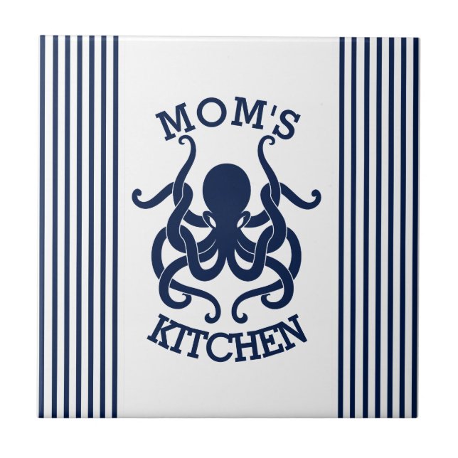 Blaue Oktopus & Blaue und weiße Streifen Fliese (Vorderseite)
