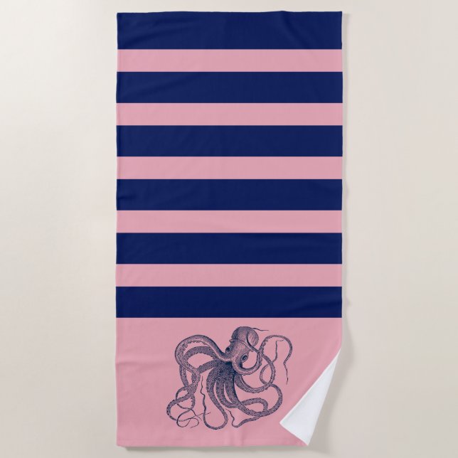 Blaue Oktopus mit rosa und blauen Streifen Strandtuch (Vorderseite)