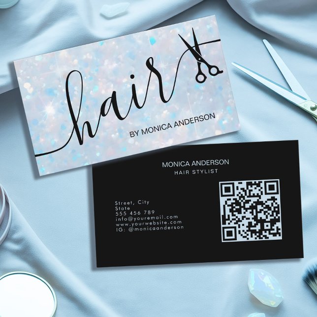 Blaue Opal Glitter Haar Schrift Schere QR Code Visitenkarte (Blue Opal Glitter Hair Script Scissors QR Code Business Card)