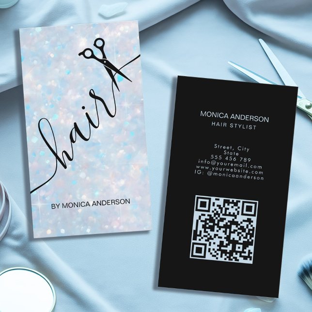 Blaue Opal Glitter Haar Script Schere QR Code Visitenkarte (Blue Opal Glitter Hair Script Scissors QR Code Business Card)
