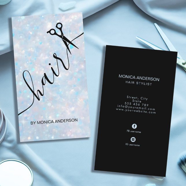 Blaue Opal Glitter Haar Script Schere QR Code Visitenkarte (Blue Opal Glitter Hair Script Scissors QR Code Business Card)