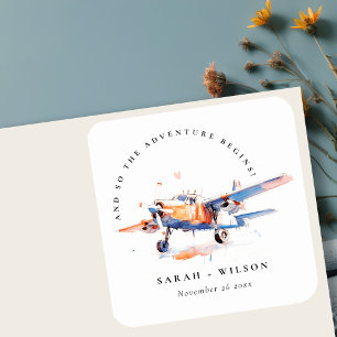 Blaue Orange Blush Aquarellflugzeug Hochzeit Quadratischer Aufkleber