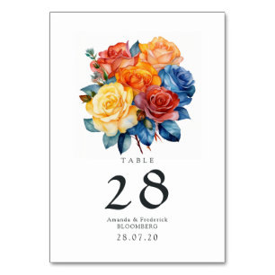 Blaue, Orange, Gelbe und Rote Blumenhochzeit Tischnummer