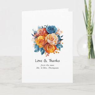 Blaue, orange, gelbe und rote Blumenhochzeitsfoto Dankeskarte