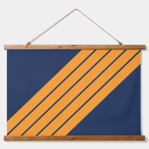 Blaue Orange Gestreifte 70er 80er Retro-Rennstreif Wandteppich Mit Holzrahmen