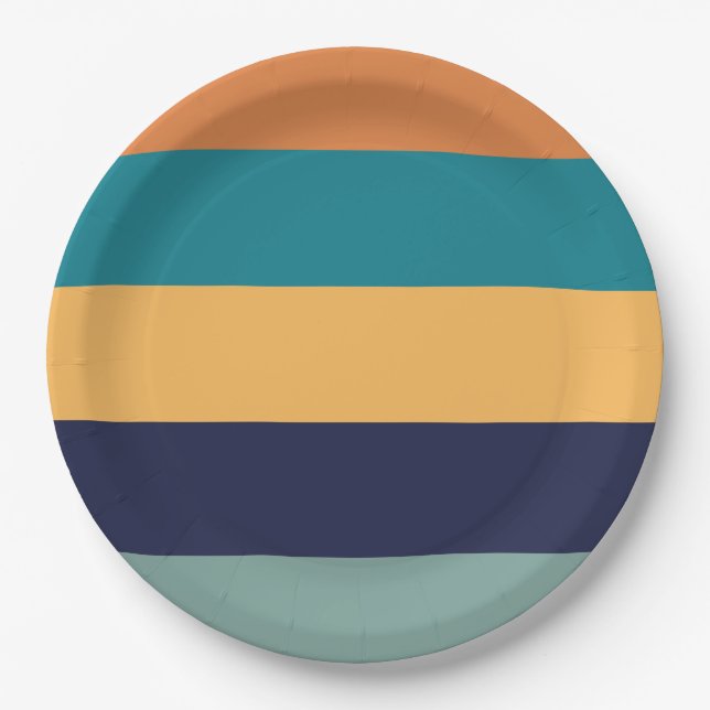 Blaue Orange Grüne Streifen Pappteller (Vorderseite)