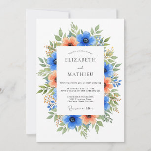 Blaue Orange Lebendige Blütenhochzeit Einladung