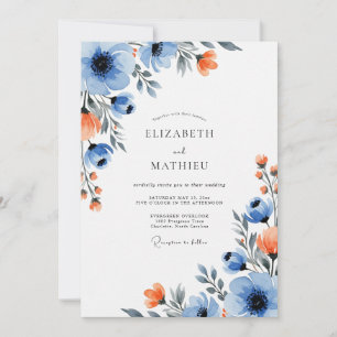 Blaue Orange Lebendige Florale Hochzeit Einladung
